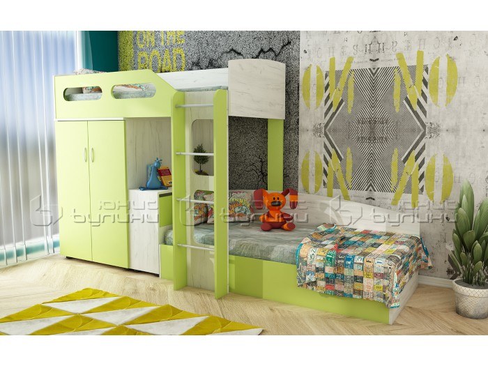 Двуетажно легло с гардероб